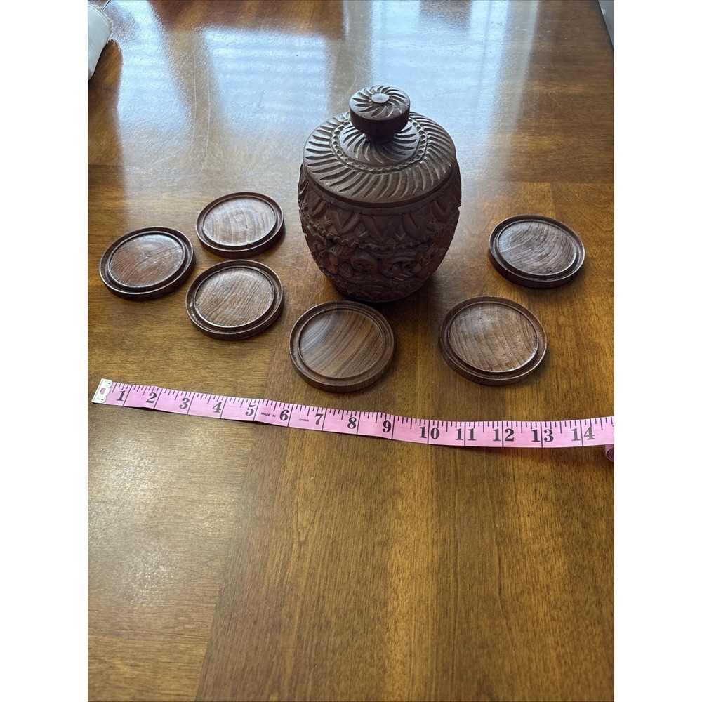 Hand Carved Wooden Jar Urn Storage with Set of 6 Wood Coasters with Lid Vintage